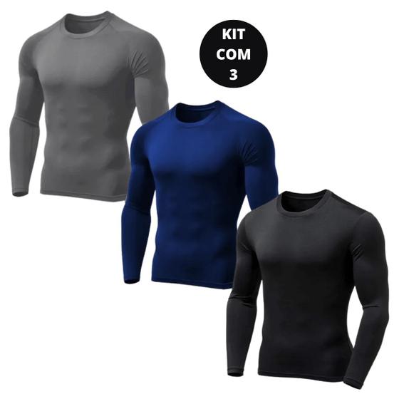 Imagem de Kit Com 3 Camisas Manga Longa Segunda Pele Proteção Solar UV Fator 50+  Unissex Masculina e Feminina