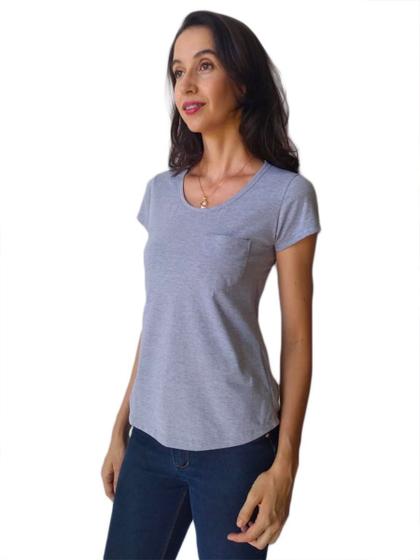 Kit com 3 camisetas básicas de bolso t-shirt feminina branca cinza e ...