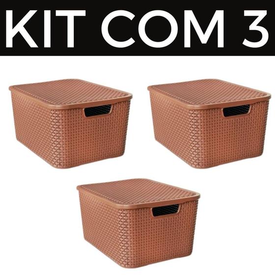 Imagem de Kit Com 3 Cesto - Caixa Organizadora Rattan Com Tampa 7 Litros - Marrom