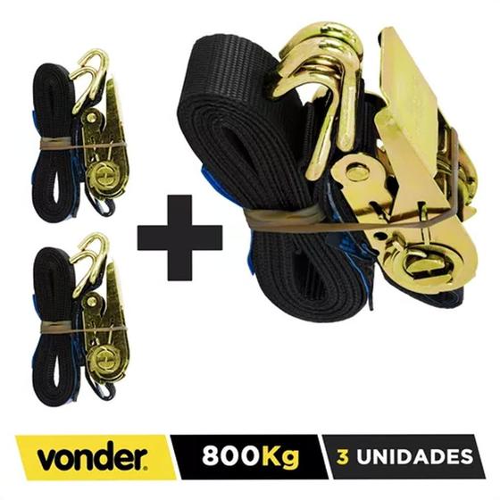 Imagem de Kit com 3 Cintas com Catraca Amarração de Carga Cc080 800kg Vonder
