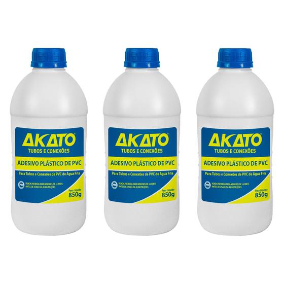 Imagem de Kit Com 3 Cola Adesivo Plástico Pvc Em Frasco 850G - Akato