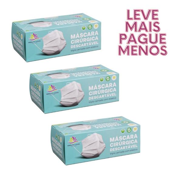 Imagem de Kit com 3 cxs Máscara Descartável Imunitty Azuos Branca - 150un (3 caixas c/50un cada)