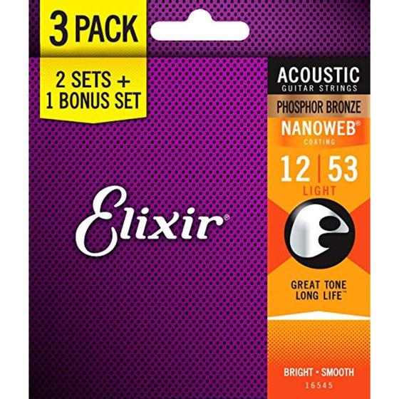 Imagem de Kit com 3 Encordoamentos Elixir 012 Light Phospor Bronze para Violão Aço