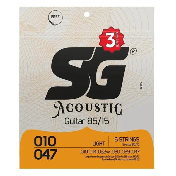 Imagem de Kit com 3 Encordoamentos para Violão SG Strings Aço 010 Bronze