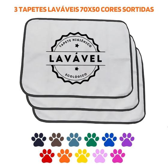 Imagem de Kit com 3 Fraldas de Cães p/Chão 70x50 Sortidos 200 Lavagens - Alta Absorção - Ecológico