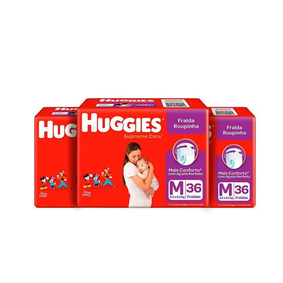 Kit com 3 Fraldas Huggies Roupinha Supreme Care M 36 Unidades Menor preço em Kit com 3 Fraldas Huggies Roupinha Supreme Care M 36 Unidades