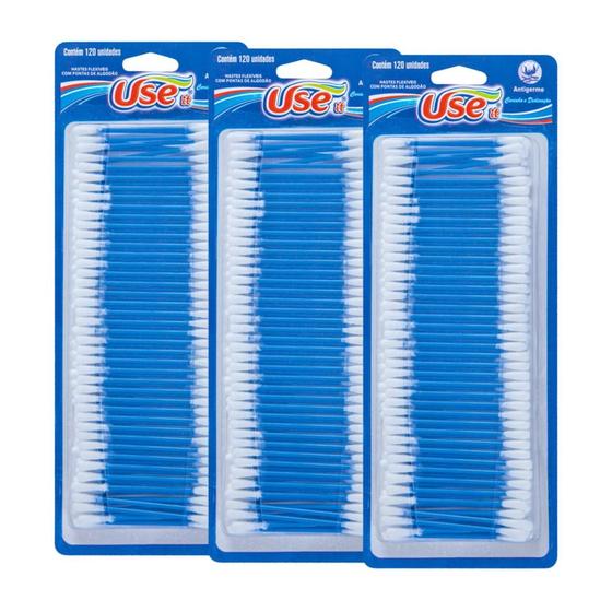Imagem de Kit Com 3 Hastes Flexíveis com Pontas de Algodão Antigerme Cotonete Use It 120 Unidades