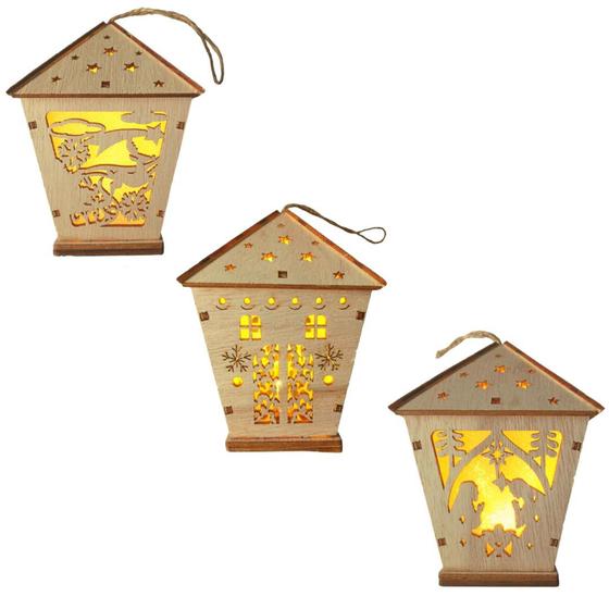 Imagem de Kit com 3 Lampiões Natalinos de Madeira Com Led Branco Quente Fixo 12,5x8cm
