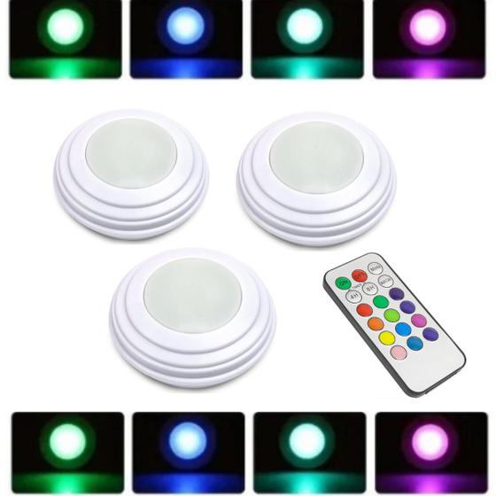 Imagem de Kit Com 3 Luminárias Lâmpadas Redondas Adesivas A Pilhas RGB Coloridas Multicolor Led Spots Sem Fio Com Controle Remoto