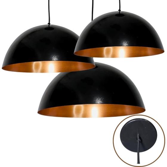 Imagem de Kit com 3 Luminárias Pendentes de Teto Lustre de Alumínio Meia Lua Preto com Bronze para Bar, Sala Loja