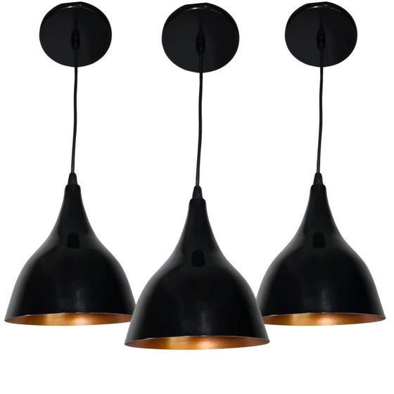 Imagem de Kit com 3 Luminárias Pendentes Lustre de Alumínio Gota Preto com Bronze para Bar, Sala Loja