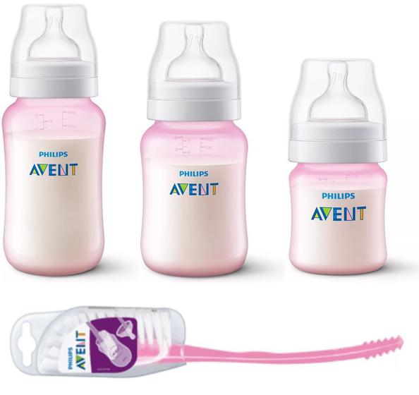 Imagem de Kit Com 3 Mamadeiras Clássicas Com Válvula Anticólica e Escova de Limpeza Rosa 125ml - 260ml - 330ml - Philips Avent