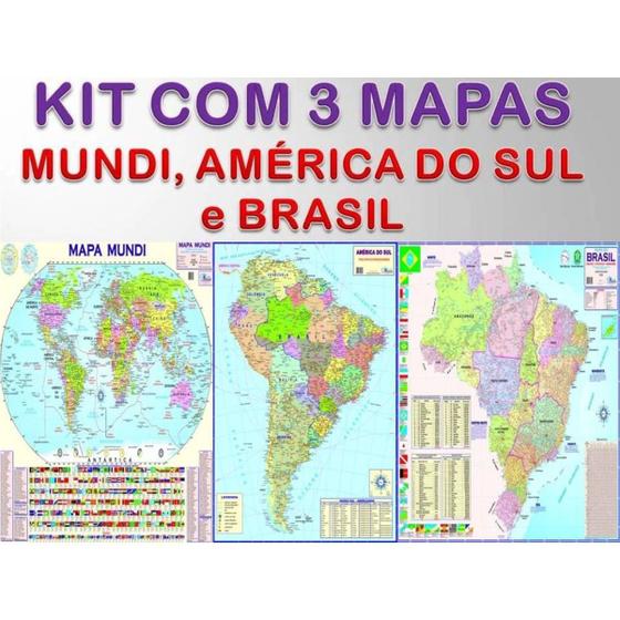 Imagem de Kit Com 3 Mapas Politicos Rodoviarios - Mundi + América Do Sul +  Brasil 120 x 90 cm