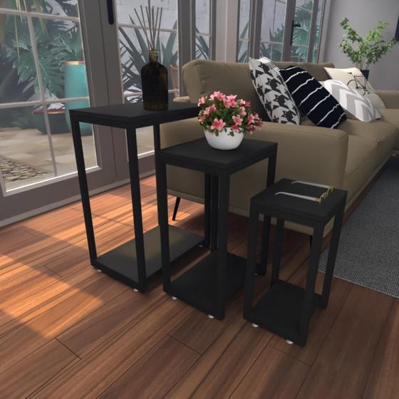 Imagem de Kit com 3 Mesa lateral preta aparador de sofa sala mesa lateral cama