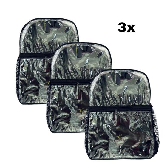 Imagem de KIT COM 3 MOCHILAS PRETA COM A FRENTE TRANSPARENTE escolar, faculdade, notebook para o dia a dia
