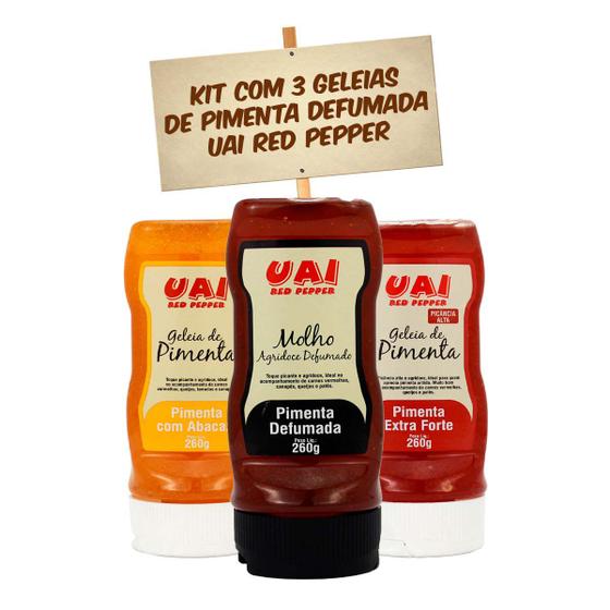Imagem de Kit com 3 Molho Geleia de Pimenta Uai P Carnes e Queijos Defumado Abacaxi Extraforte