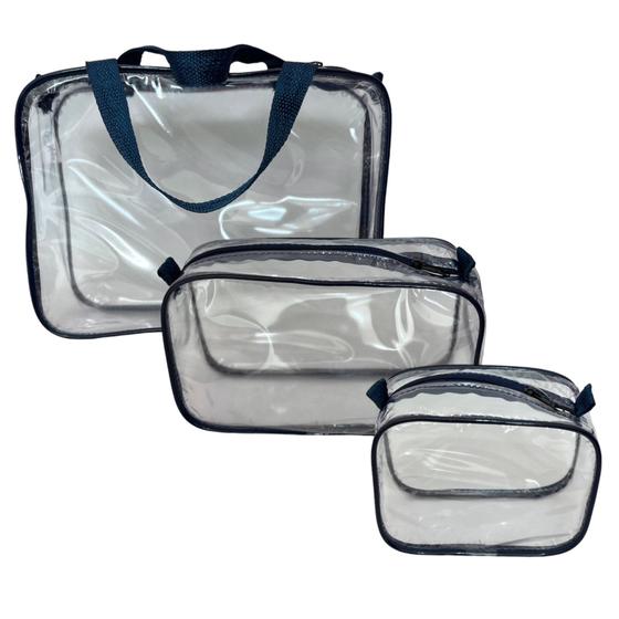 Imagem de Kit com 3 necessaire TAMANHOS DIFERENTES transparente AZUL MARINHO