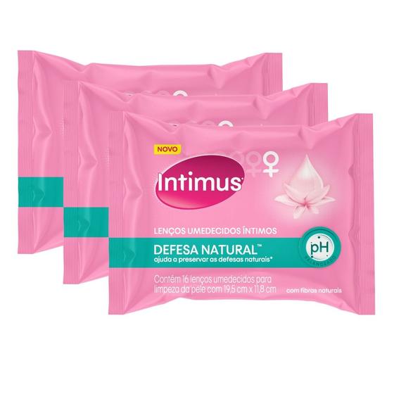 Imagem de Kit com 3 Pacotes de Lenços Umedecidos Intimus Defesa Natural com 16 Unidades cada pacote (Total de 48 Lenços no kit)