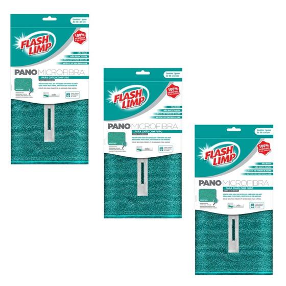Imagem de Kit com 3 Pano Microfibra para Chão com Furo 50x60 Flash Limp FLP6735