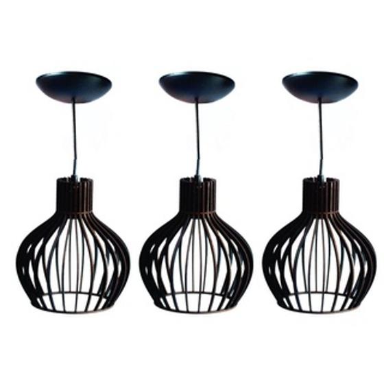 Imagem de Kit com 3 Pendente Luminaria PP Preto com fio Lustre de Sala Decorativo