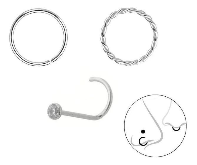 Imagem de Kit Com 3 Piercing Argola E Piercing Nostril Prata 925 Nar10