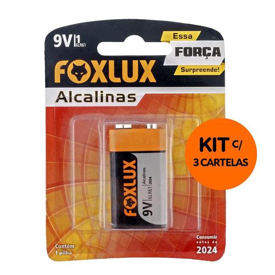 Kit com 3 Pilhas Alcalina 9V Tensão Nominal: 9V Foxlux Imagem de Kit com 3 Pilhas Alcalina 9V Tensão Nominal: 9V Foxlux