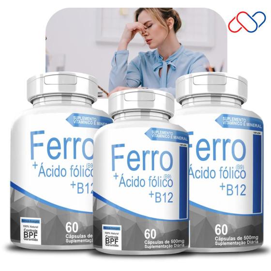 Kit com 3 Potes Ferro - B9 - B12 500mg 180 Cápsulas Anemia Fadiga Cansaço Metabolismo Concentração é boa?