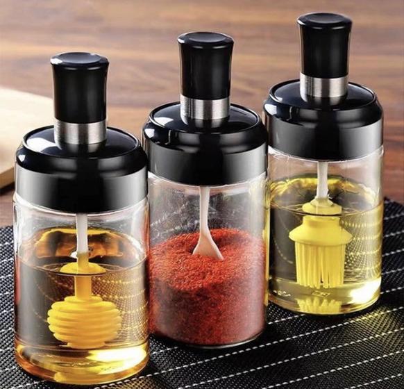 Kit com 3 Potes Porta Tempero - Mel, colher e pincel Menor preço em Kit com 3 Potes Porta Tempero - Mel, colher e pincel