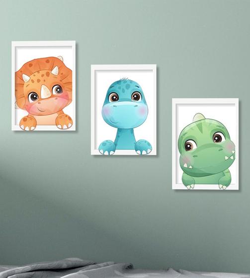 Imagem de Kit com 3 Quadros Decorativo Dinossauros Baby Aquarela infantil