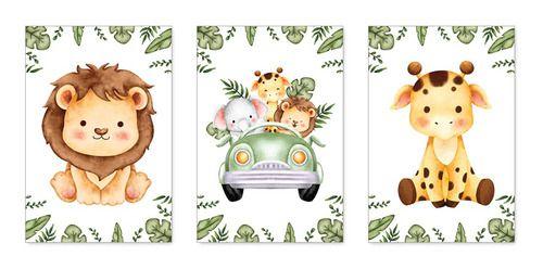 Kit com 3 Quadros Safari Aquarela Infantil Quarto Menor preço em Kit com 3 Quadros Safari Aquarela Infantil Quarto