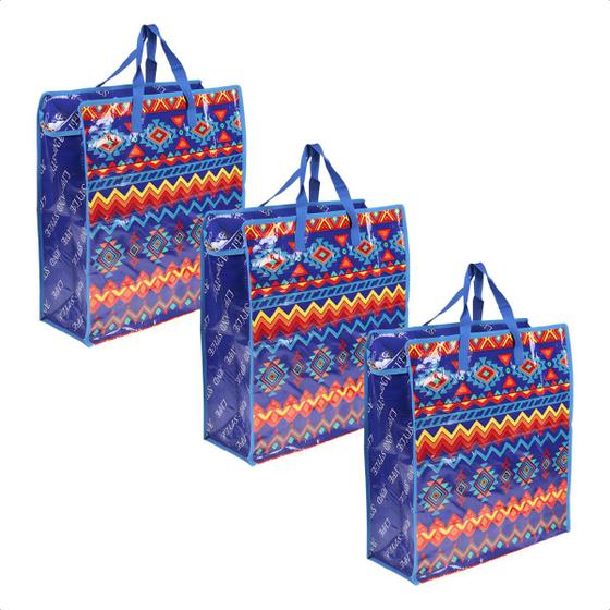Imagem de Kit Com 3 Sacola Ecológica Compras Feira Mercado Transporte Sacolão Bolsa Reutilizável Colorido Plástico
