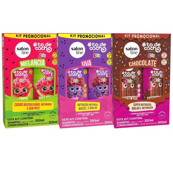 Imagem de Kit com 3 Shampoo e Condicionador todecacho Kids Uva, Melancia e Chocolate Salon Line