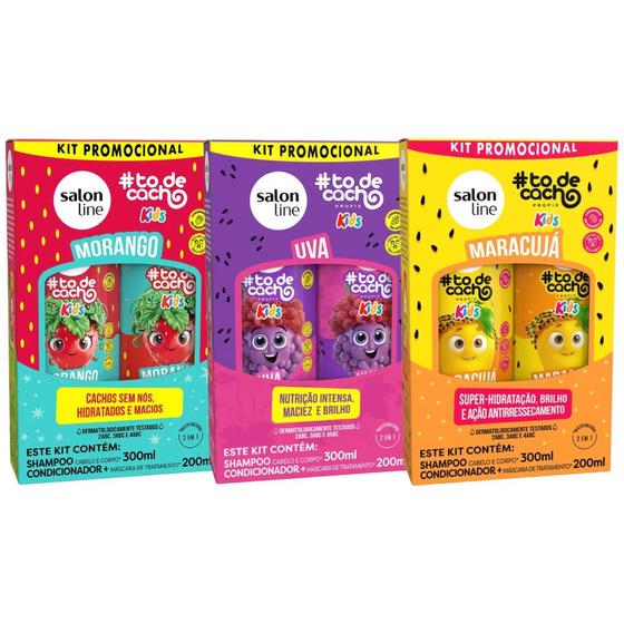 Imagem de Kit com 3 Shampoo e Condicionador todecacho Kids Uva, Morango e Maracujá Salon Line