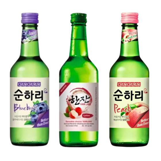 Imagem de Kit com 3 Soju Bebida Coreana Blueberry, Lichia e Pêssego 360ml