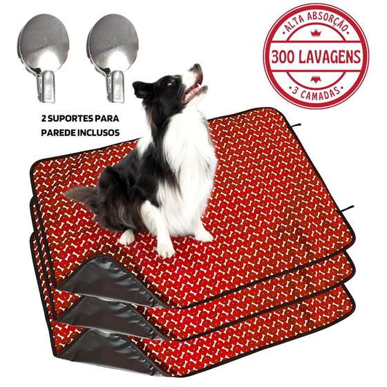 Imagem de Kit com 3 Tapetes Higiênicos 100x70 Ossinho Vermelho c/Ganchos - 300 Lavagens p/cães - Alta Absorção