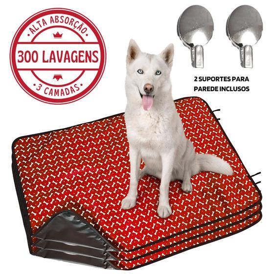 Imagem de Kit com 3 Tapetinhos Alta Absorção para Pets 100x70 Ossinho Vermelho - 300 Lavagens Ecológico