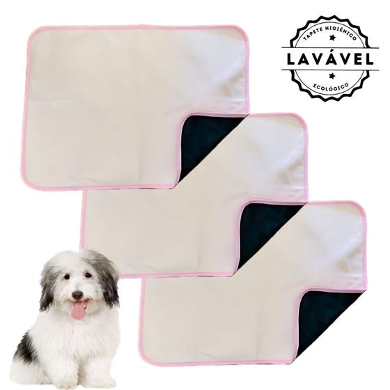 Imagem de Kit com 3 Tapetinhos Alta Absorção para Pets 70x50 Branco com borda Rosa 200 Lavagens