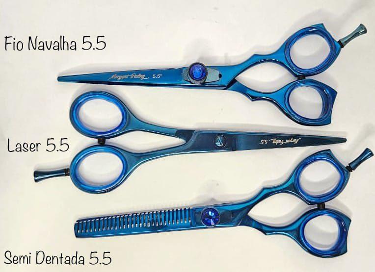 Imagem de KIT com 3 Tesouras Titânio Maryam Trading Azul com Flores 5.5