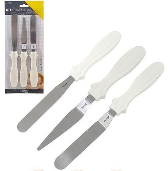 Imagem de Kit com 3 Tipos Diferentes de Espátula de Cozinha Confeiteiro Cabo Plástico Branco - WESTERN