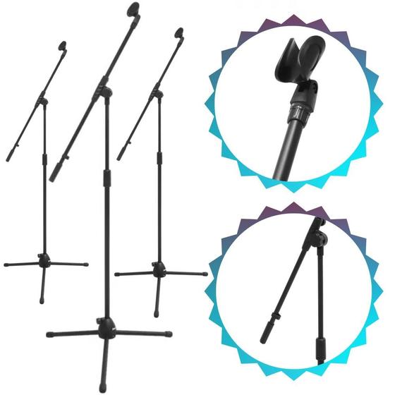 Imagem de Kit Com 3 Uni Pedestal Para Microfone Tonante Tipo Girafa Tripé Portátil Vem Com Cachimbo Material Aço Reforçado Suporte Ajustável