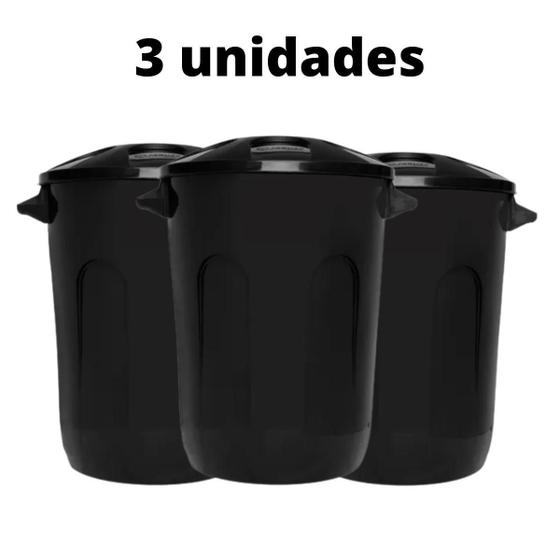 Imagem de Kit Com 3 Unidades Cesto Fechado Com Tampa 30L Preto Eco Na