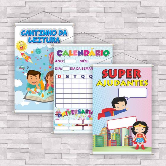 Imagem de kit com 3 UNIDADES de Banner Educativo Ajudantes, Calendário e Leitura 85x60cm com Bastão.