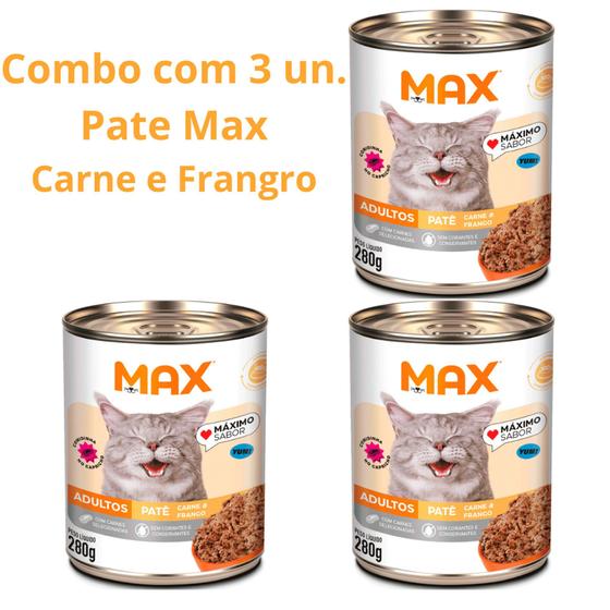 Imagem de kit com 3 unidades Ração Úmida Max Cat Adultos Patê Carne e Frango 840 g