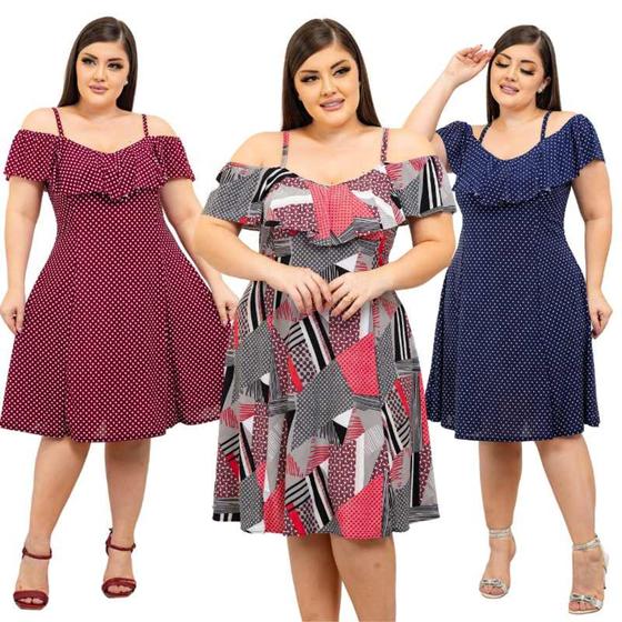 Imagem de Kit Com 3 Vestidos de Alçinha Plus Size Liganete Super Fresquinho Cores Sortidas