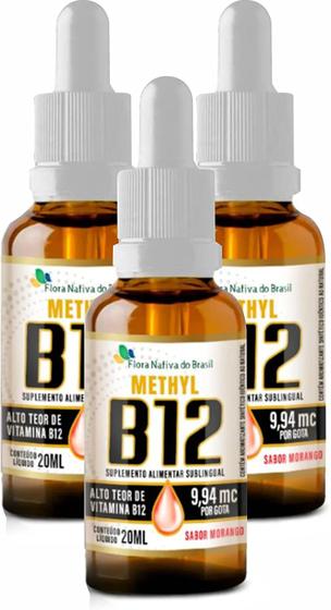Imagem de Kit Com 3 Vitamina B12 Sublingual (Metilcobalamina) 20ml - Flora Nativa do Brasil