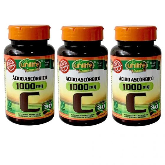 Imagem de Kit com 3 - Vitamina C Acido Ascorbico Unilife 1000mg 30 Comprimidos.