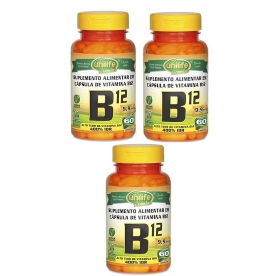 Imagem de Kit com 3 Vitaminas B12 Cianocobalamina Unilife 60 Capsulas