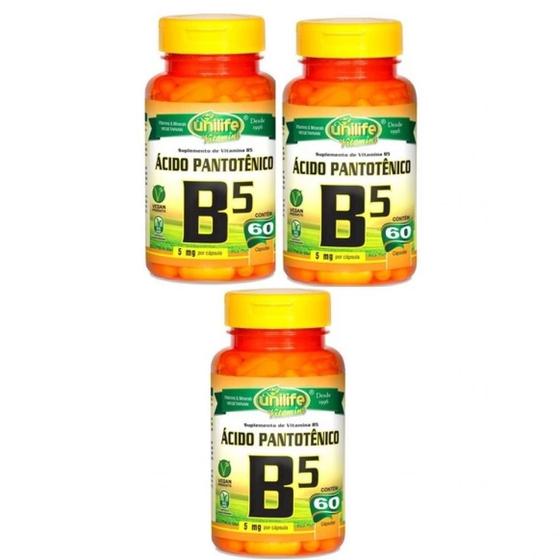 Imagem de Kit com 3 Vitaminas B5 Acido Pantotenico 60 Capsulas de 500mg Unilife
