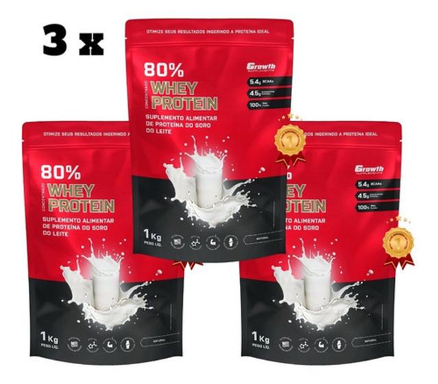 Kit com 3 Whey Protein Growth Concentrado Vários Sabores Natural 1kg
