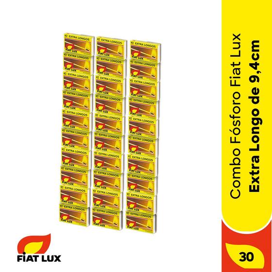 Kit com 30 caixas de Fósforo Fiat Lux extra longo de 9,4cm Caixa de